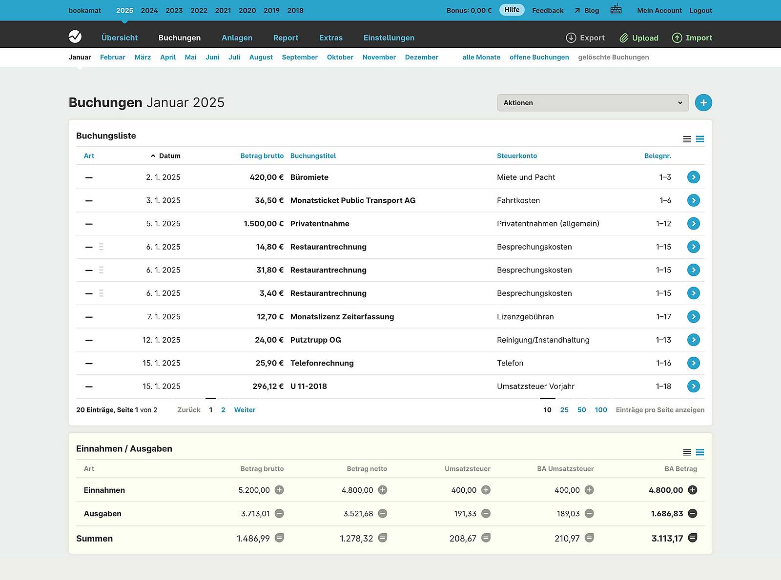 Buchungsübersicht Jänner 2025