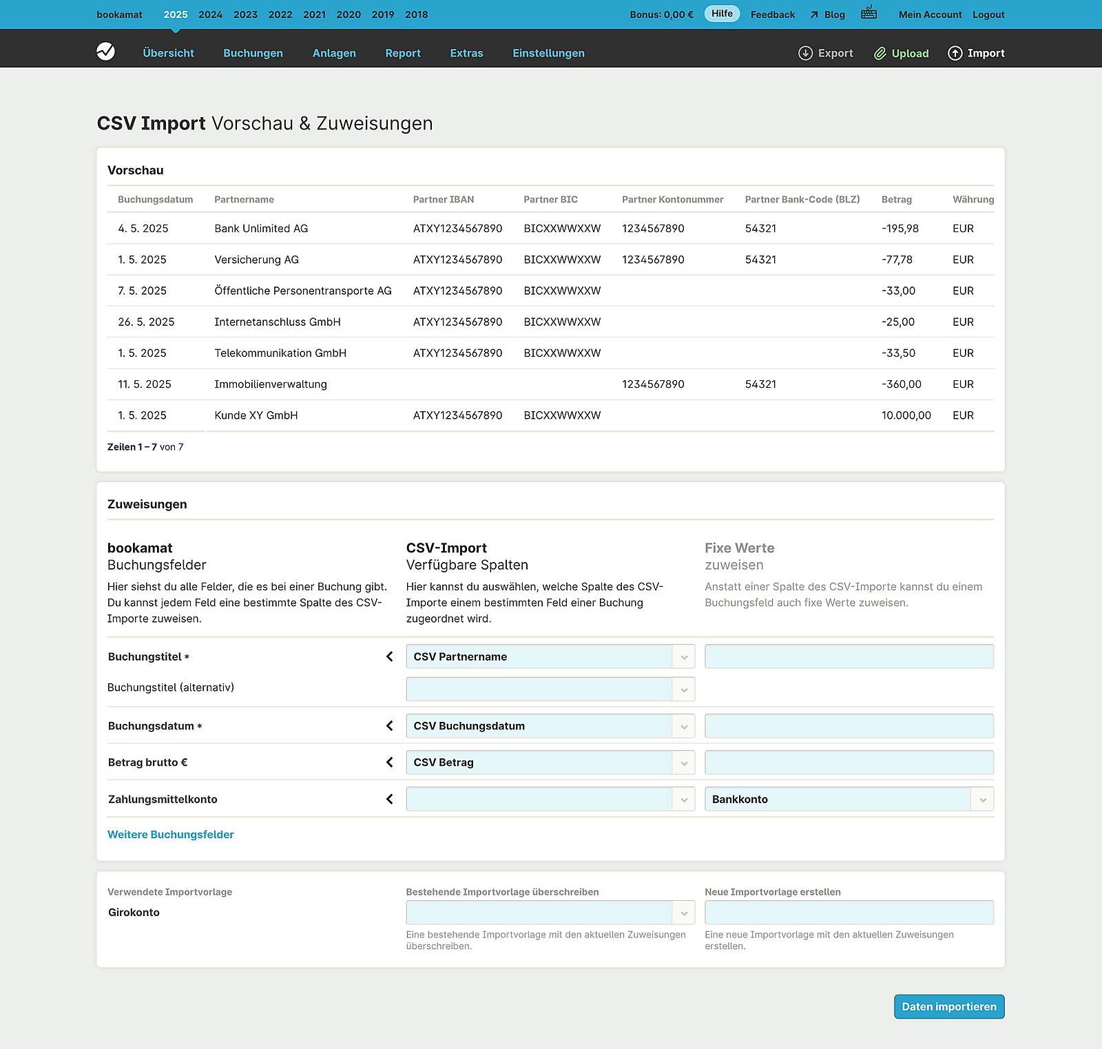 Import von Zahlungsdaten aus einer CSV-Datei